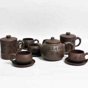 teapot set tea cup chinese housewarming gift chinese teapot antique asian kitchen ware vintage gift brown Yixing clay collectors tea set cup