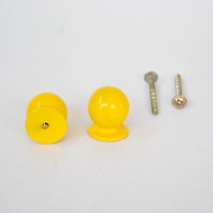 May include: Two yellow round cabinet knobs with a screw hole in the bottom and two silver screws.