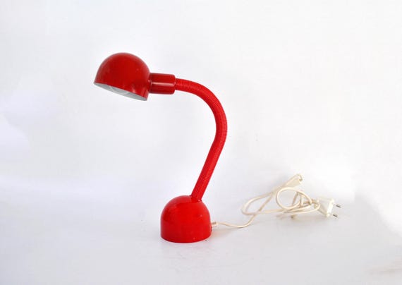 Vintage Red Gooseneck Desk Lamp – Flexible Adjustable Table Light – Retro Space Age Style – Memphis Design Minimalist Home Office Decor