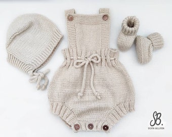 Handmade Knitted Baby Romper Set, Booties and Bonnet