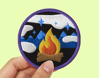 Midnight Camp Fire Sky Scene – Nature – Iron-On and/or Sew-On – Colourful Embroidered Patch - Adventure
