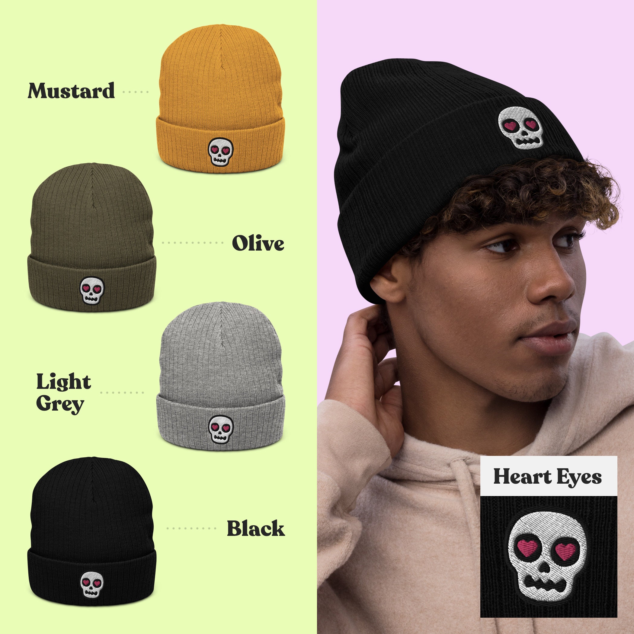 Skull Beanie - Skull Halloween Beanie - Heart Eyes Skull  display picture 2