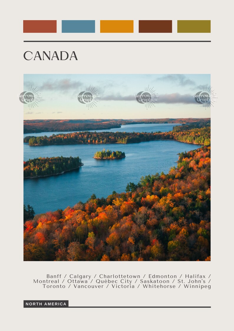 May include: Aerial view of a lake surrounded by fall foliage in Canada. The water is a deep blue, and the trees are a mix of red, orange, yellow, and green. The image includes the text "CANADA" and a list of Canadian cities.