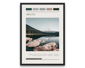 May include: A scenic photograph of a lake with a mountain reflected in the water. The lake is surrounded by trees and rocks. The text "OREGON" is at the top of the image, along with a color palette. The text "UNITED STATES / NORTH AMERICA" is at the bottom of the image.