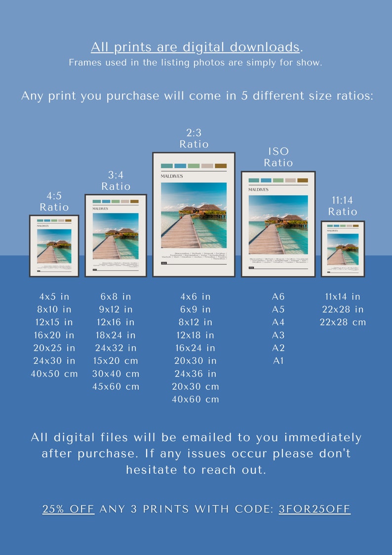 May include: A digital download guide for printing photos in five different aspect ratios: 4:5, 3:4, 2:3, ISO, and 11:14. The guide includes measurements in inches and centimeters for each ratio.