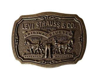 Vintage Levi Strauss & Co Belt Buckle Limited Edition Two Horse Brand Logo Brass Tone Made in Taiwan 1980s Western Wear