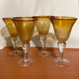 Artland Iris Amber Glass Goblets: Honey Gold Seeded Drinking Glasses, Set of 4