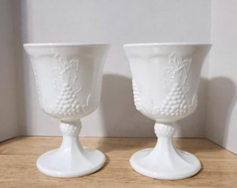 Vintage Milk Glass Harvest Grape Goblets - Pair of Footed Pedestal Water Wine Glasses - Mid Century Kitsch