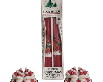 Vintage Christmas Santa Candle Holder Set w/ Reindeer Tapers, George Good Korea, Retro 1970s Kitsch Holiday, Set of 2 & Figurative Candles