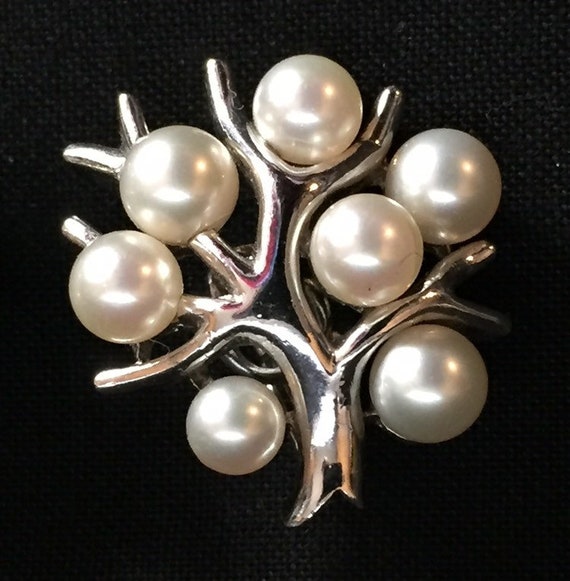 Vintage 60s Majorica Pearl Cluster Tree Silver To… - image 3