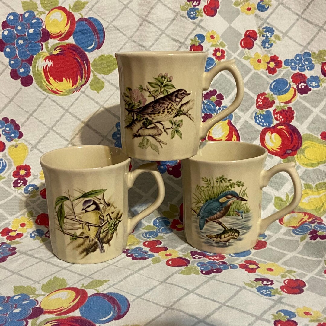 Vintage Bird Coffee Cups Ribbed Japan Mugs, Nature Lover Set