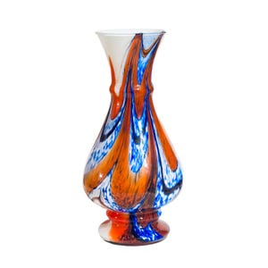 Vintage Murano Italy End-of-Day Art Glass Vase, Mid-Century Modern Pulled Feather, Opaline, Orange, Cobalt Blue & White Cased Glass, 1950s