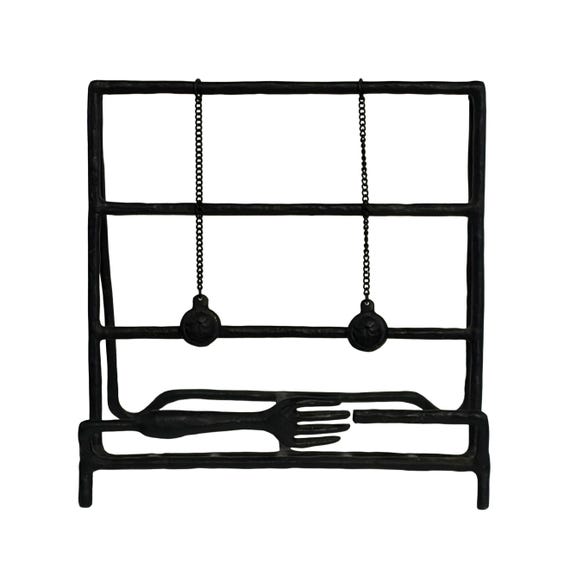 Vintage Brutalist Wrought Iron Cookbook Holder - Hand Forged Black Metal Recipe Stand with Weighted Page Keepers - MCM Kitchen Decor