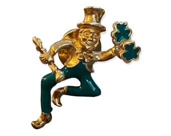 Vintage Avon Leprechaun Pin: Gold Tone Enamel Shamrock, St. Patrick&#39;s Day