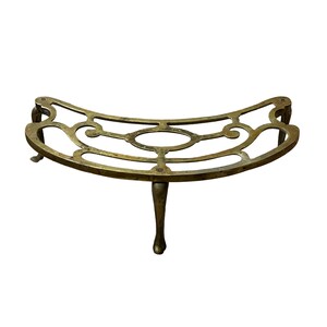 Antique English Brass Demilune Footman Fireplace Trivet Crescent Kettle Pot Stand