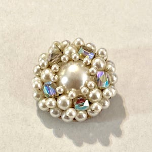 Vintage Faux Pearl Aurora Borealis Cluster Round Brooch Marked Japan