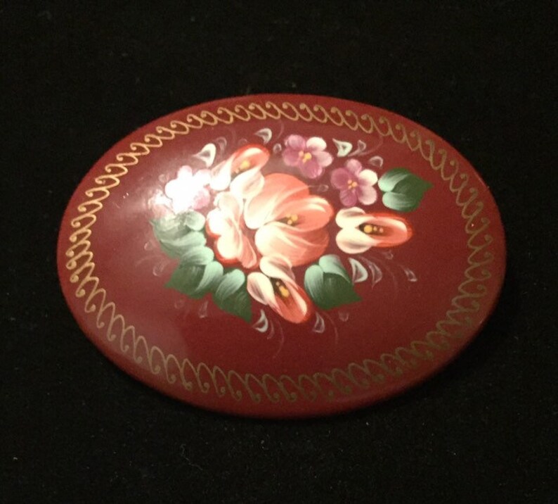 Vintage Russian Lacquer Hand Painted Wood Oval Brooch Signed