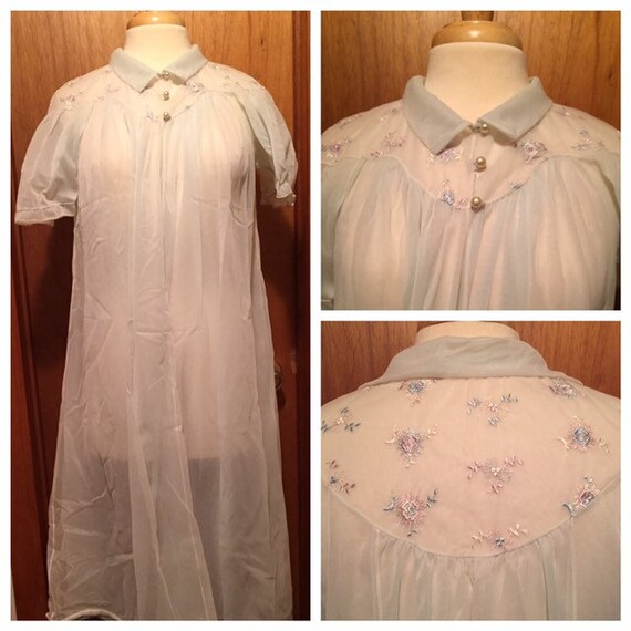 Vintage 40s Peignoir Robe Double Chiffon Embroider