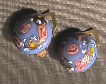 Murano Millefiori Glass Clip On Earrings, Periwinkle Blue Venetian Glass with Pink Roses & Gold Aventurine, Mid Century Italian Jewelry