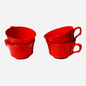 Vintage Red Melmac Coffee Cups, Set of 4 Candy Apple Melamine Handled Cups, Mid-Century Modern Kitchenware, Space Age Retro Picnic Cups