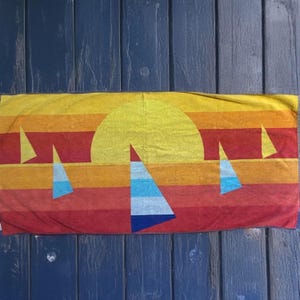 Vintage Impanema Cotton Beach Towel: Sunset Sailboat Design (55” x 26.5”)