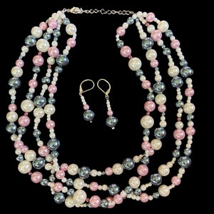 Vintage Multi-Color 4 Faux Pearl Strand Necklace and Matching Dangle Earrings