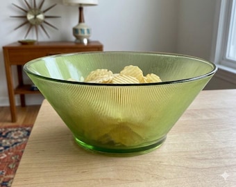 Vintage MCM Chartreuse Green Glass Chip Bowl, Federal Glass Ribbed Conical Serving Bowl, MidCentury Apple Green 9” Bowl, Retro Kitchenware