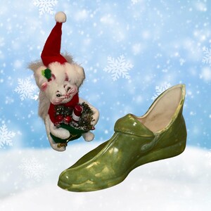 Maceta de cerámica vintage de mediados de siglo con forma de zapato de duendecillo, 19 cm de largo, decoración navideña