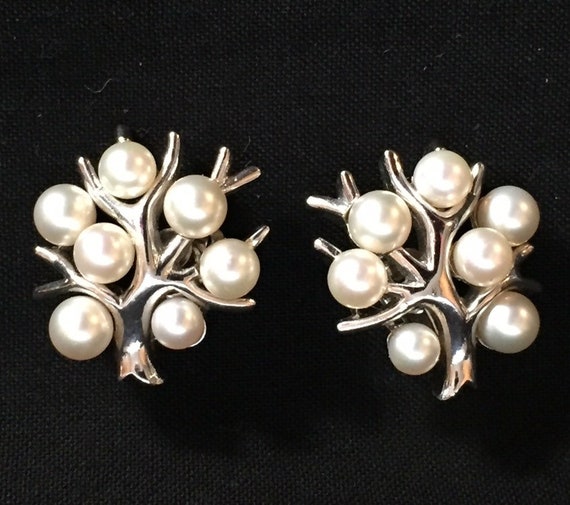Vintage 60s Majorica Pearl Cluster Tree Silver To… - image 1