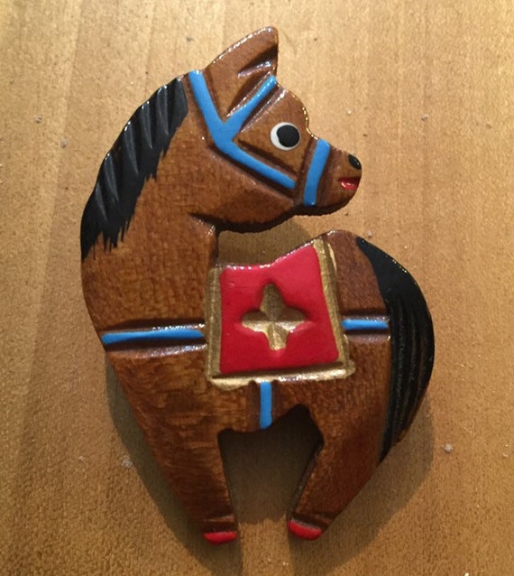 Hand Carved & Hand Painted Wood Horse Brooch Made 