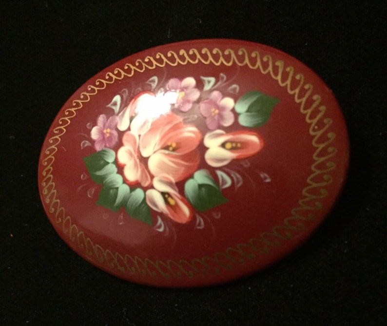 Vintage Russian Lacquer Hand Painted Wood Oval Brooch Signed