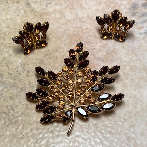 Signed MCM Amber and Topaz Crystal Rhinestone Maple Leaf Brooch & Matching Earrings, B David