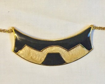 Vintage Monet Pendent Choker Enameled Necklace Black & Marbled Cream