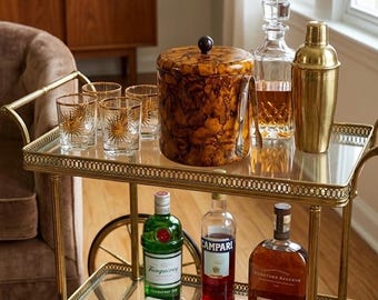 Faux Tortoise Shell Ice Bucket with Lid, Mid Century Modern Amber Brown Barware, Retro Hollywood Regency Cocktail Decor, 10" Insulated Pail