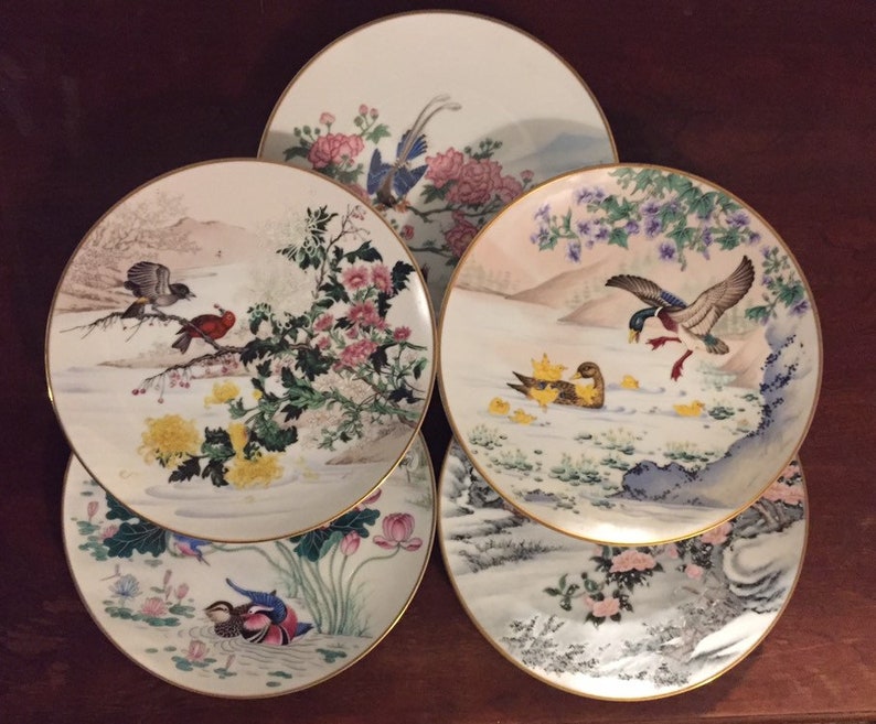 Vintage 1981 80s FP Franklin Porcelain Bird Plates Japan Set of 5