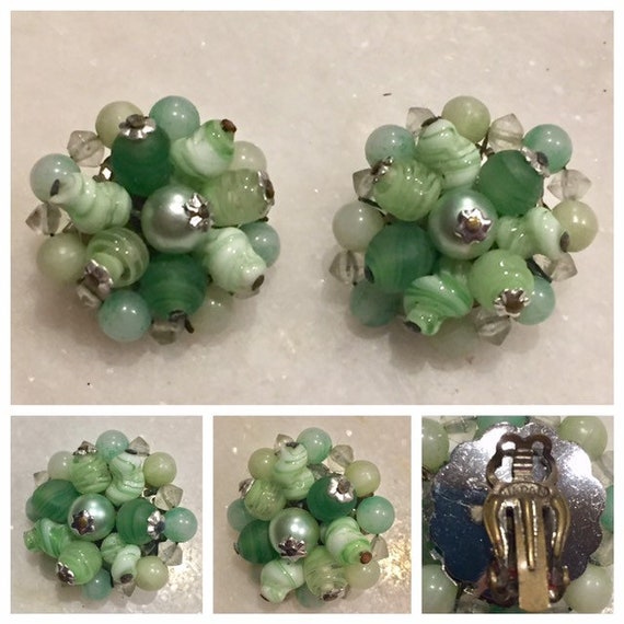 Vintage 50s Art Glass Bead Cluster Earrings Clip … - image 1