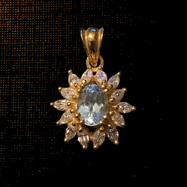 Vintage Signed JC Tourmaline Blue Oval Clear Rhinestone Pendant