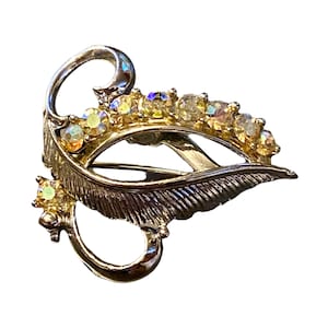 Vintage Silver Tone Feather And Aurora Borealis Rhinestone Midcentury Brooch Unsigned