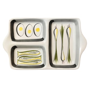 Vintage Mid Century Modern Italian Pottery Divided Serving Tray - Hand-Painted Fish, Eggs & Onions - MCM Barware Decor - Made in Italy