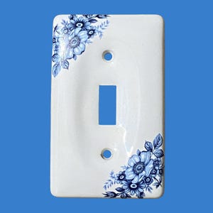 Porcelain Light Switch Cover with Blue Flower Corners, Country Decor, Home Electrical
