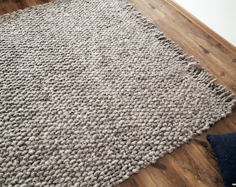 Handwoven wool rug Artisan Woven Area Rug Custom Gray Rug with Tassels Textured Thick Carpet Floor Contemporary Home Decor Rug Handmade Rug