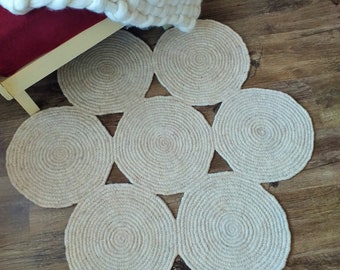 Small Accent Area Rug/ Neutral Nursery Round Wool Carpet/ Handmade Circles Kids Room Carpet/ Flower Rug/ Minimalism