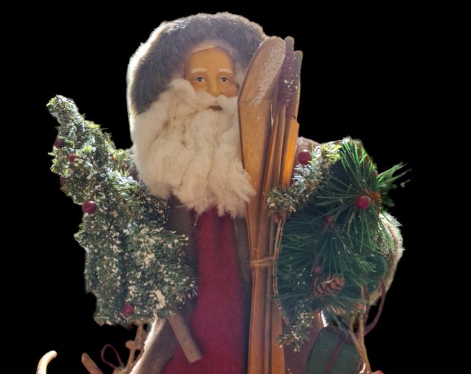 Vintage Christmas Santa Claus winter sled and skis father Christmas x-mas decor st nicks over 16" tall tree topper