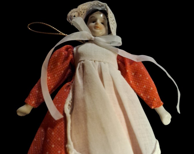 Vintage Shackman Porcelain Head Doll Christmas ornament holiday red white dress with white apron B. Shackman Company Pioneer china doll