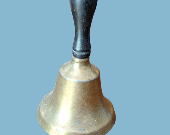Vintage Pioneer Dinner Bell Brass Teachers School or Dinner Bell Black Wood Handle Brass base Loud teachers hand bell