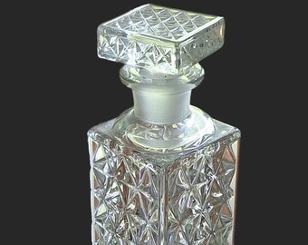Antique Glass Perfume Bottle with Square Stopper star cubed pattern vanity accessory excellent condition