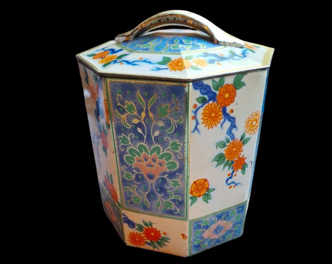Vintage mid-century Baret Ware Tin Container Made in England biscuit Tin Box tea container Chinoiserie mid century