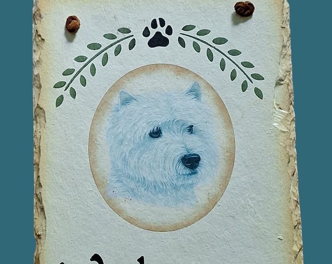 Super cute Westie Welcome sign made of  Slate 8" x 6" west highland white terrier dog lover terrier Welcome plaque with leather strap