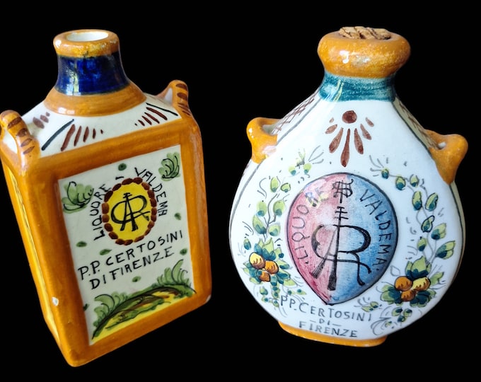 2x Vintage Italian Liquor decanters  ceramic bottles P.P. Certosini Di Firenze decor #352 and 778 liquore valdema made in italy upscale deco