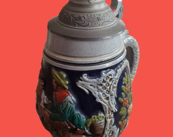 Beautiful Thewalt West Germany 1/4 leiter beer stein with pewter handle and lid flowers and pastoral scene